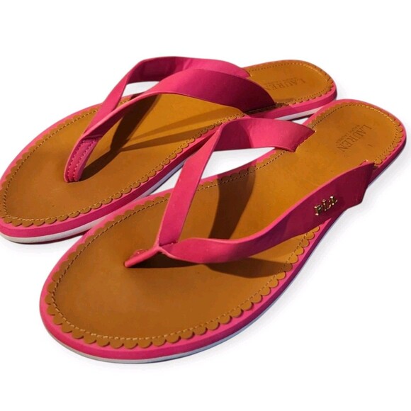 Lauren Ralph Lauren Ryanne Pink Leather Flip Flop Sandals Size 10 Summer Beach - Picture 2 of 9